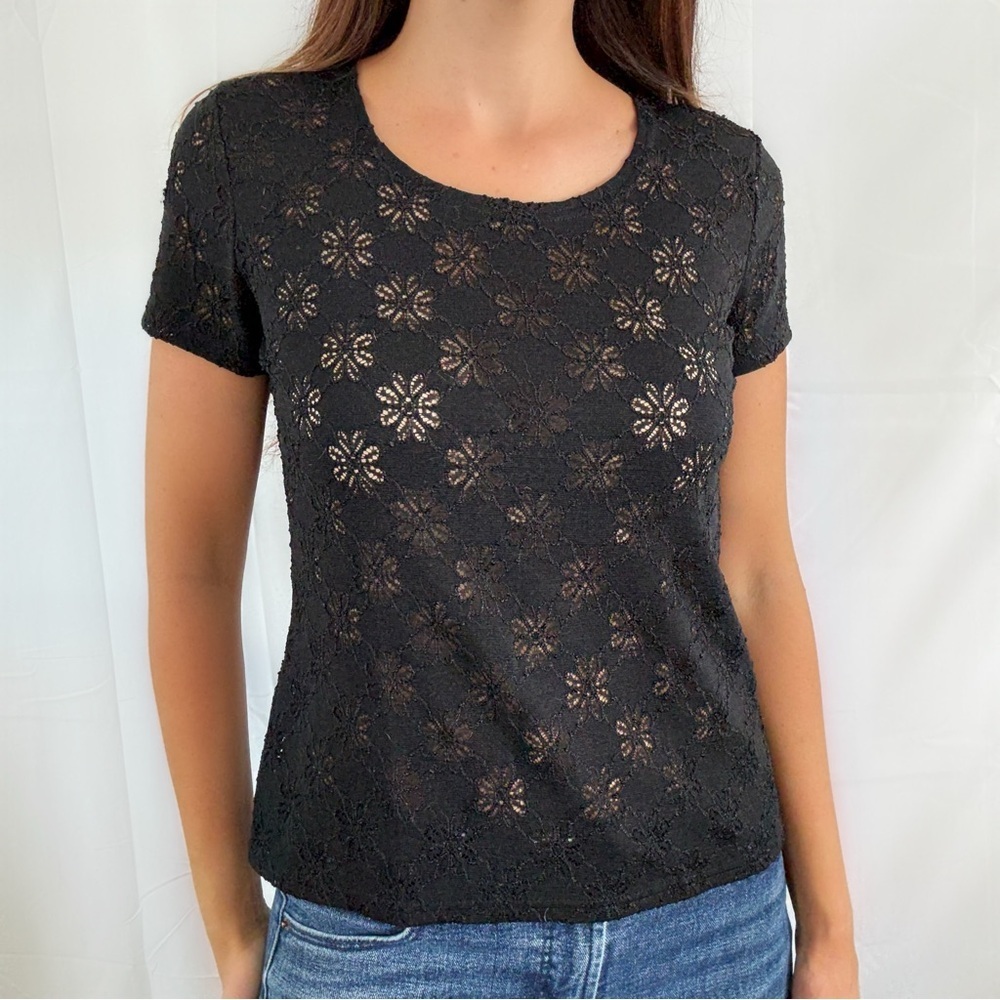 Y2K black cutout flower blouse top short sleeve worthington vintage
